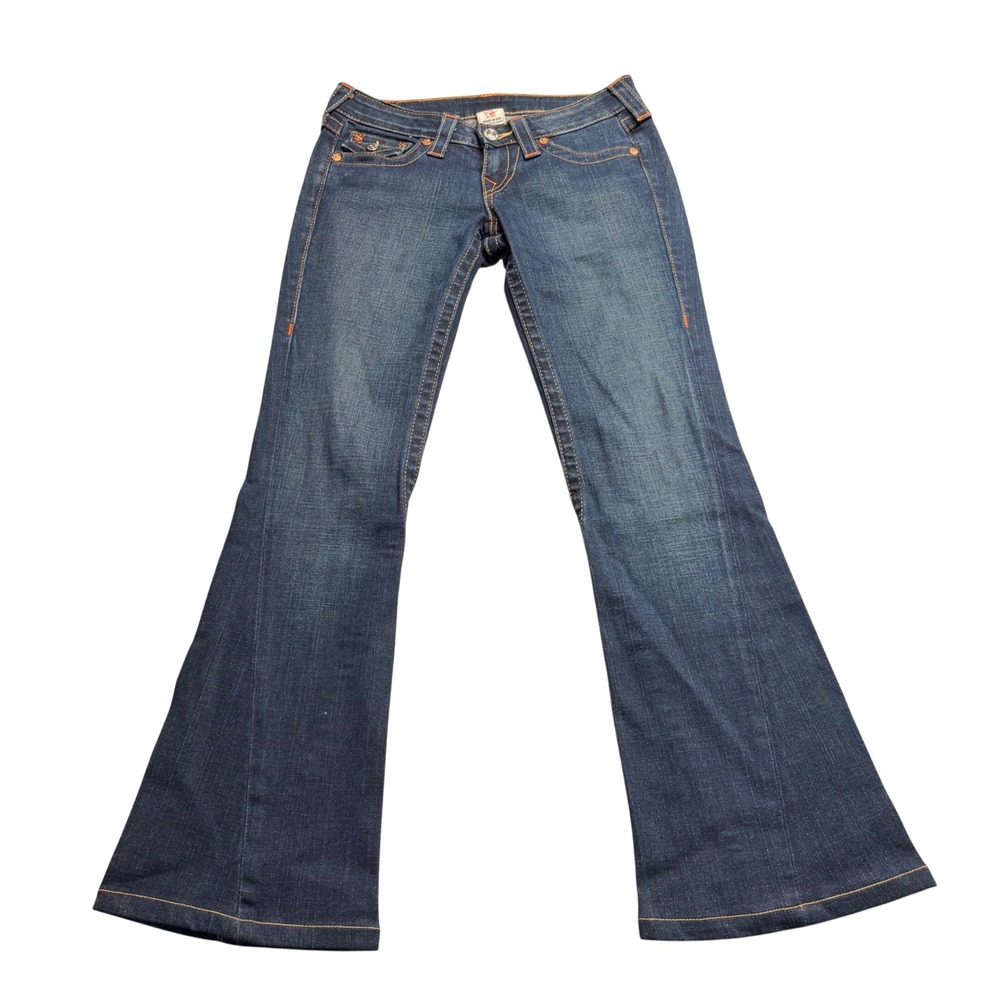 True Religion Joey Flare Jeans Dark Wash Orange Stitch Low Rise Size 26